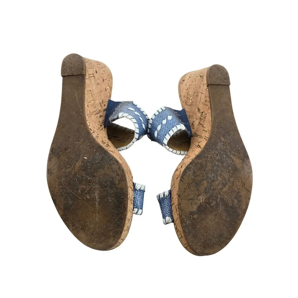 Jack Rogers Blue‎ Denim Whipstitch Cork Wedge Sandals Womens 7 M Floral Slides